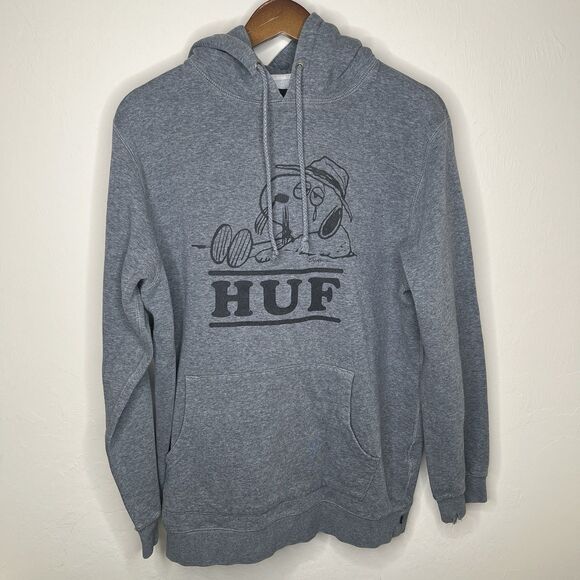 HUF Peanuts Snoopy Hoodie Sweatshirt Size Large Gray Pullover Streetwear - Picture 1 of 13
